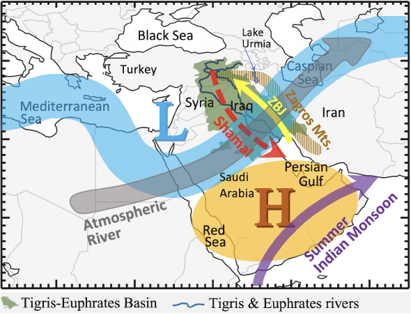 middle east map with rivers and seas