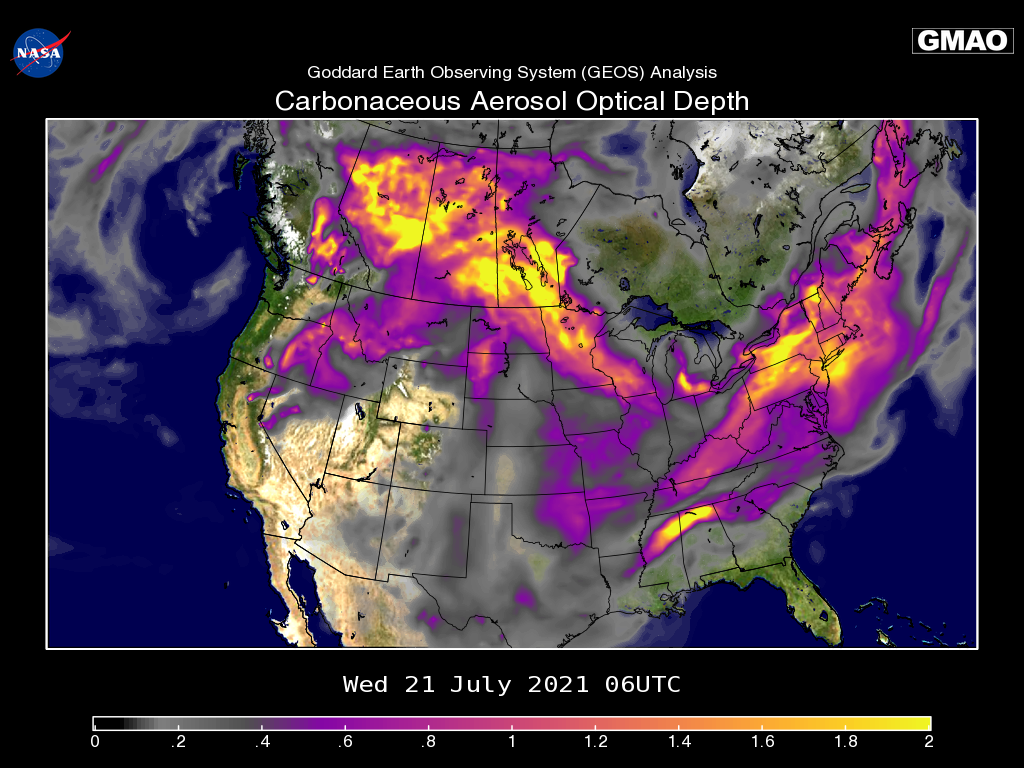 GEOS visualization of wildfire smoke transport N. America