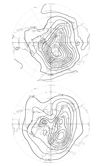 The left-hand column shows the 50 hPa geopotential heights on (a) 21 January 2006 0UTC and (b) 26 January 2006 0UTC produced by the reference GEOS-5 forecast for that period. The right-hand column shows the vertically integrated contribution to the total energy norm, E, for the leading SV for the focus period at (a) initial and (b) final times. Units indicating the shading are J/kg